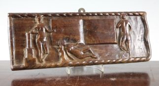 A rectangular lignum vitae sailor panel, with rope twist borders depicting three figures and an open