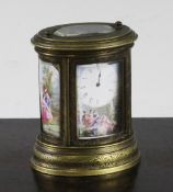 An early 20th century French gilt brass and enamel miniature carriage timepiece, with oval case,