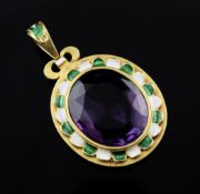 A gold, amethyst and green and white enamel pendant, of oval form, the colour combination often