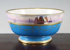 A Mintons Sevres style fruit bowl, c.1910, painted by J.E.Dean with a band of boats in a seascape,