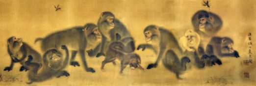 A Japanese painted silkwork panel of monkeys, a squirrel and wasps, by Kamatu Gansen in the style of