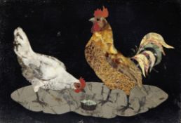 A late 19th century Italian pietra dura panel, depicting a cockerel and chicken feeding within a