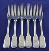A set of six Victorian silver fiddle pattern dessert forks, with engraved armorial, Francis