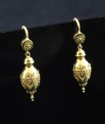 A pair of Victorian style gold drop earrings, the inverted pear shaped drops with cannetile work