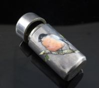 A late Victorian silver and enamel scent bottle, of cylindrical form, enamelled with red bullfinch