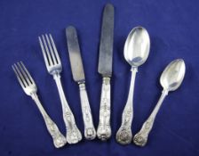 A 19th century and later matched part canteen of silver King`s & Queen`s pattern cutlery, comprising