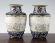 A pair of Doulton Lambeth Stoneware vases, by Hannah Barlow, c.1905, each typically incised to a