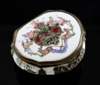 An 18th/19th century Continental cartouche shaped silver mounted enamel snuff box, decorated with