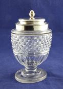 A George III cut glass honey jar with silver mount and lid by Paul Storr, of oval vase form, London,