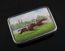 A late Victorian novelty silver and enamel horse racing vesta, of rectangular form, decorated with