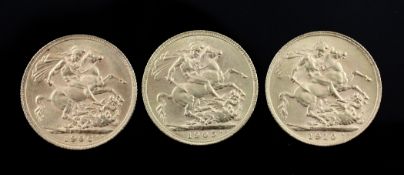 Three Edward VII gold full sovereigns, 1905, 1906 & 1910.