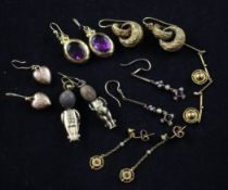 Seven pairs of Victorian and later mainly 9ct gold earrings, including amethyst paste, double hoop