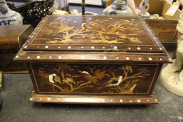 An Indian marquetry inlaid rectangular casket, decorated with birds amongst flowering branches, on