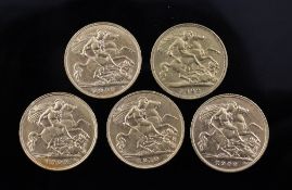 Five Edward VII gold half sovereigns, 1902,7,8,9 & 10.