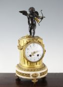 An early 20th century French bronze and ormolu mantel clock, surmounted with a figure of Cupid