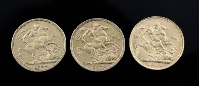 Three Victoria gold full sovereigns, 1884, 1889 & 1894.