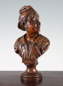 A late 19th century carved walnut bust of a Neapolitan gentleman, by Victor Aimone, signed to the