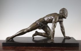 Jean De Roncourt. A French Art Deco patinated metal figure of a male athlete, on rectangular