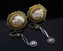 A pair of Edwardian 15ct gold, silver and diamond set drop target earrings, 1.25in, together with