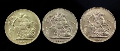 Three George V full gold sovereigns, all 1911.