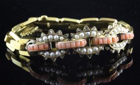 An early 20th century high carat gold, coral, split pearl and rose diamond set bracelet, with