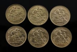 Five Edward VII gold half sovereigns and one George V gold half sovereign, 1905,7,8,9,10 & 1913.