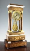 A 19th century French rosewood and marquetry portico clock, with gilt dial and bi-metallic pendulum,