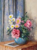 Mary Remington (1910-2003)oil on board,`Daisies and roses on the table`,signed, 1998 NEAC Exhibition