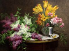 Alfred Magne (French, 1855-1936)oil on canvas,Still life of flowers on a table top,signed,23.5 x