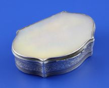 A late 18th/early 19th century continental silver and mother of pearl snuff box, of cartouche
