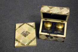 A 19th century rectangular mother of pearl and abalone travelling scent bottle case, fitted two