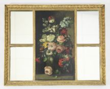 A 19th century rectangular gilt wall mirror, with central painted panel depicting still life of