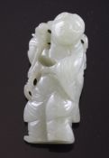 A Chinese celadon jade figure of a smiling boy holding a sprig of lingzhi fungus, 19th century, 6.
