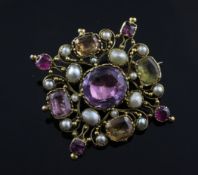 A Victorian gold, split pearl and foil backed multi gem set brooch, of square openwork design, 1.