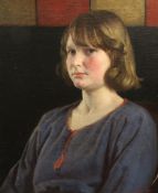 Harold Knight, R.A., R.O.I., R.P. (1874-1961)oil on canvas,Portrait of a girl wearing a blue dress,