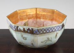 A Wedgwood butterfly and chinoiserie lustre octagonal bowl, designed by Daisy Makeig-Jones, the
