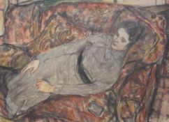§ Ruskin Spear (1911-1990)charcoal and coloured chalks,Portrait of the artist wife reclining on a
