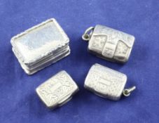 Four 19th century silver vinaigrettes, two modelled as satchels, John Lawrence & Co, Birmingham,