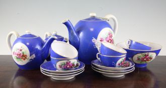 A Russian Gardner porcelain royal blue ground part tea service, late 19th century, painted with
