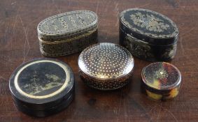 A collection of five Continental tortoiseshell and pique work snuff boxes, including an 18th century