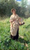 Percy Tarrant (1879-1930)watercolour,Woman picking flowers in a meadow,monogrammed,14.75 x 9.75in.