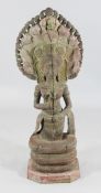 A Thai polychrome wood figure of Buddha, with a many headed dragon mandala, 44.5in.