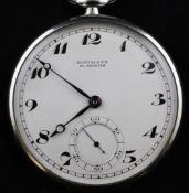 A 1920`s 18ct white gold keyless lever dress pocket watch retailed by Bittman & Co, St. Moritz, with