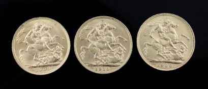 Three Edward VII gold full sovereigns, 1908, 1909 & 1910.