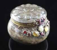 A late 18th/early 19th century German? silver gilt mounted and gem set fluorspar box, of circular