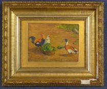 After Edgar Huntoil on canvas,Chickens and duck beside a tub of cabbage leaves,5.25 x 7in.