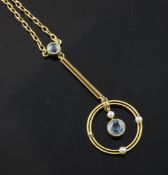 A 9ct gold, aquamarine and seed pearl drop pendant necklace, of bar and hoop design, pendant 1.