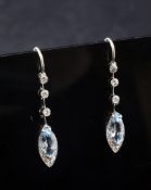 A pair of white gold, aquamarine and diamond set drop earrings, with marquise shaped drops, 1.25in.