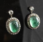 A pair of 19th century gold and silver, emerald and diamond set drop earrings, of oval form, each