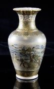 A Japanese Satsuma pottery small baluster vase, Meiji period, painted to a wide central band with